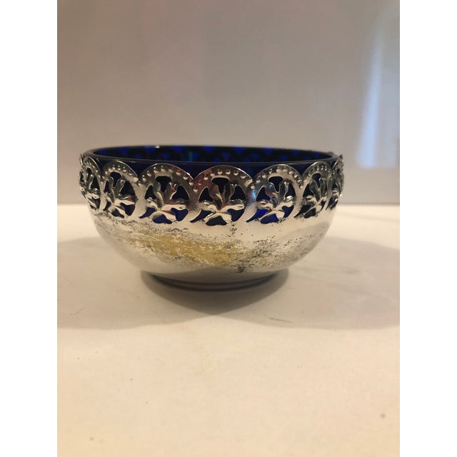 Metal 1940s English Silver Serving Bowl With Cobalt Glass Insert For Sale - Image 7 of 8