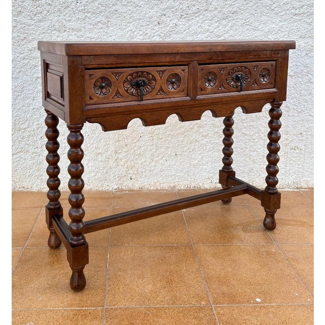 Wood Antique Spanish Console Table in Carved Walnut, 1890 For Sale - Image 7 of 18