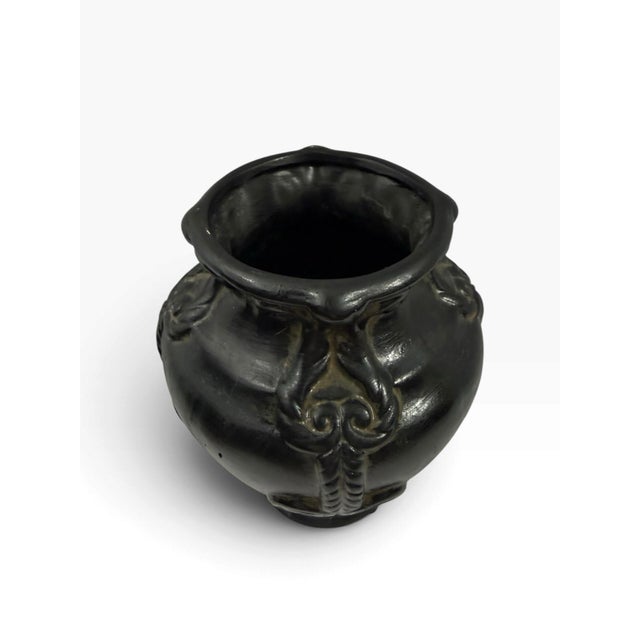 Traditional Late 20th Century Black Relief Urn Vase Classical Scroll and Leaf Design Footed For Sale - Image 3 of 7