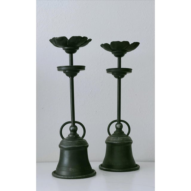 Metal Vintage Wrought Iron Tall Sculptural Flower Shaped Candle Holder ~ Pair For Sale - Image 7 of 9