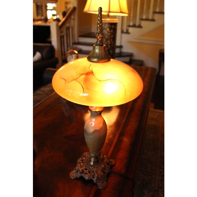 Vintage Art Nouveau Blown Glass Table Lamp W/ Brass Base, Caramel Slag, Houze For Sale - Image 11 of 15