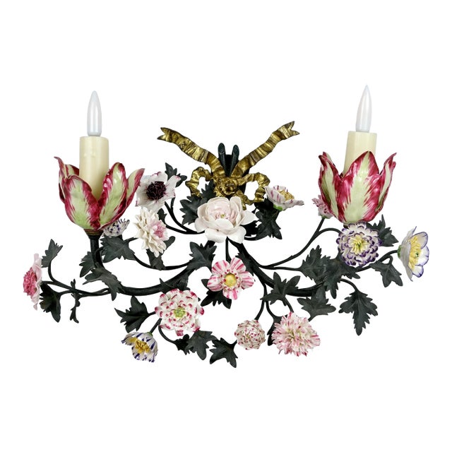 19th-Century Wall Sconce, Enhanced With Porcelain Flowers by Didier Gardillou For Sale