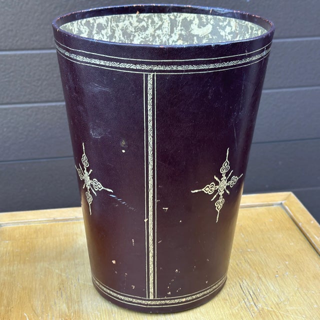 Mid-Century Tooled Oxblood Leather Wastebasket For Sale - Image 10 of 12