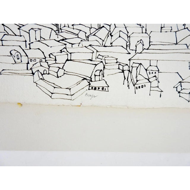Vintage mid century pen and ink on paper modernist drawing of farming valley and town. Signed illegibly lower center in...