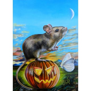 Harvest Dreams by Claudia Griesbach-Martucci | Oil On Artefex Mouse on a pumpkin with a butterfly. For Sale