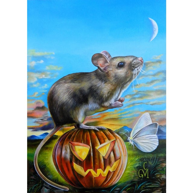 Harvest Dreams by Claudia Griesbach-Martucci | Oil On Artefex Mouse on a pumpkin with a butterfly. For Sale