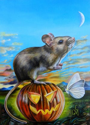 Harvest Dreams by Claudia Griesbach-Martucci | Oil On Artefex Mouse on a pumpkin with a butterfly.