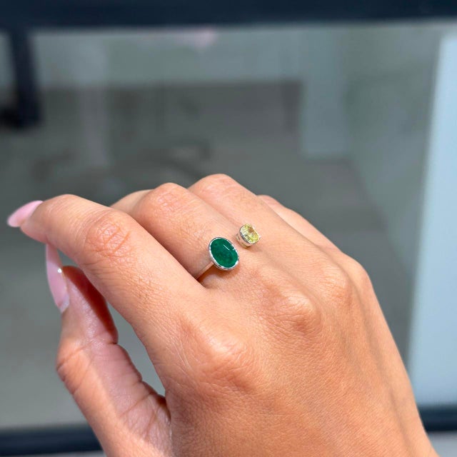 Not Yet Made - Made To Order Modern Toi Et Moi Emerald & Yellow Diamond Bypass Ring Size 6.5, 1.88ct in 18k White Gold For Sale - Image 5 of 15