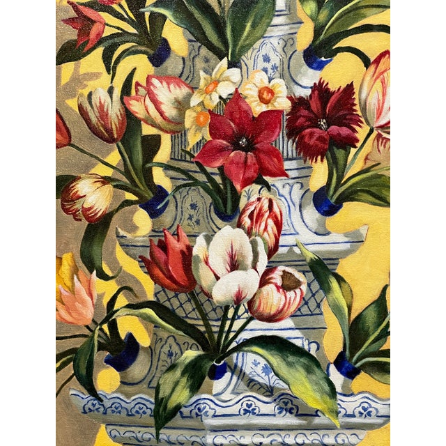 Paint Paul Rousso Style Chinoiserie Trompe l'Oeil Still Life Delft Tulipiere Painting For Sale - Image 7 of 9