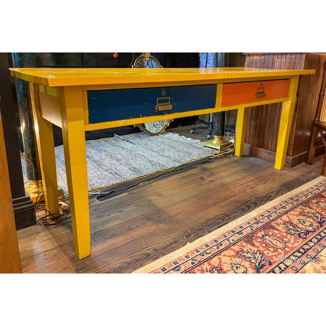 Yellow Vintage Large School or Lab Table , or Desk, With Painted Bright Yellow With Blue and Orange Drawers For Sale - Image 8 of 12