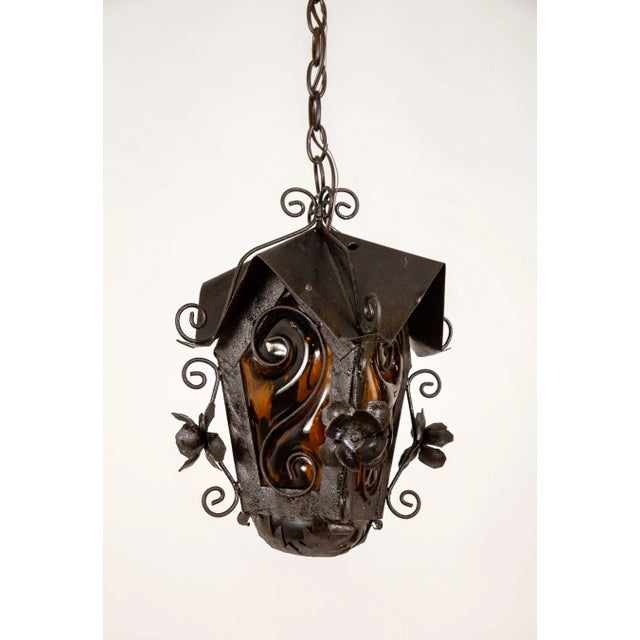 Mid 20th Century Black Birdhouse Lantern With Amber Blown Glass For Sale - Image 4 of 11
