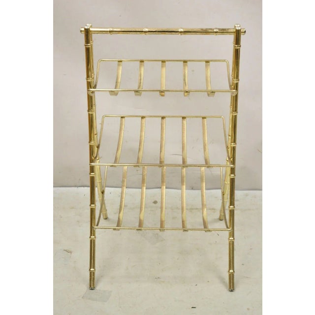 Hollywood Regency Late 20th Century Vintage Gold Metal Faux Bamboo 3 Tier Hollywood Regency Magazine Rack Stand For Sale - Image 3 of 11