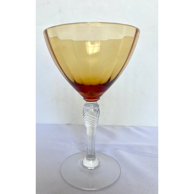 1930s Mid-Century Cambridge Glass Amber & Clear Stem Champagne Coupes - Set of 7 For Sale - Image 15 of 18