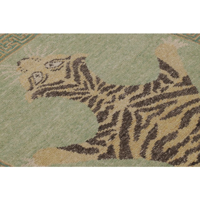 2010s Rug & Kilim’s Distressed Tiger Runner in Green With Beige and Brown Pictorial For Sale - Image 5 of 9