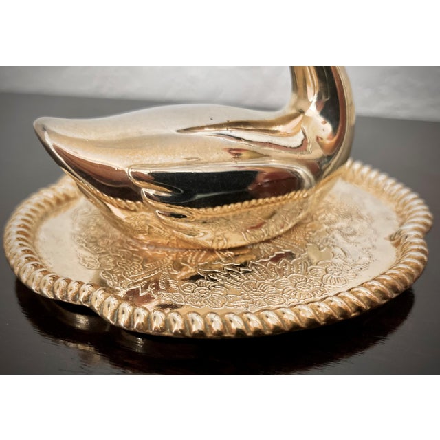 Diminutive Mid 20th-Century Brass Swan on a Dish Ring Holder, Hong Kong For Sale - Image 15 of 17
