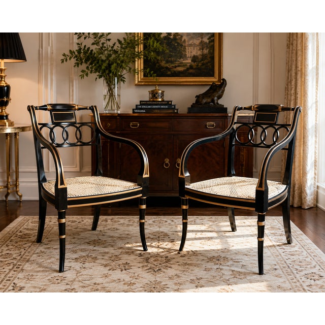 An elegant pair of Governor Alston armchairs by Baker Furniture, exemplifying the timeless sophistication and exceptional...