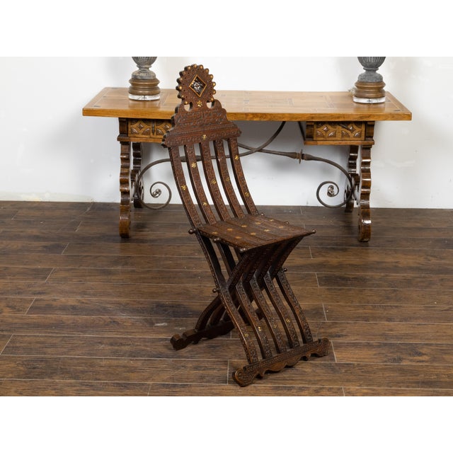 Moroccan Moorish Style 1900s Side Chair with Richly Carved Décor and Star Inlay For Sale In Atlanta - Image 6 of 12