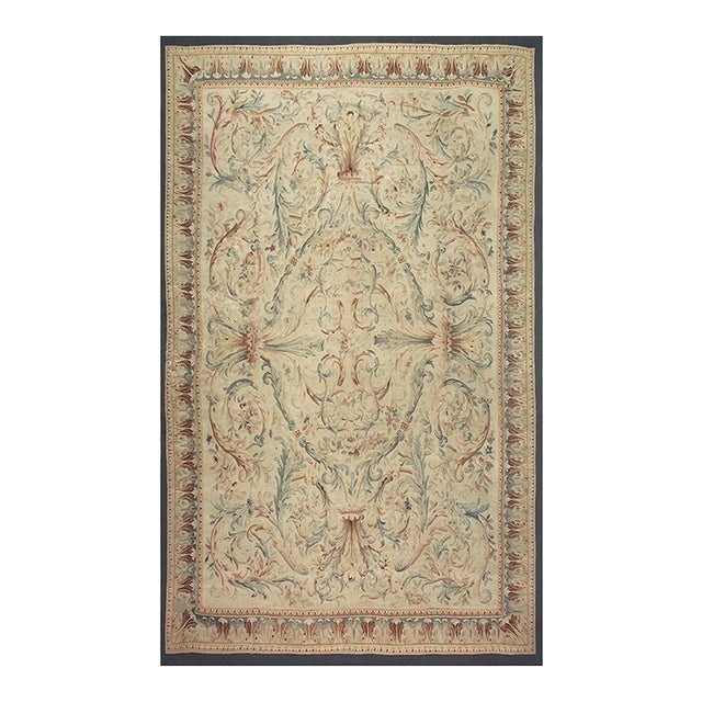 Mid-19th-Century Beige Field Medallion Antique Aubusson Flatweave Wool Rug For Sale