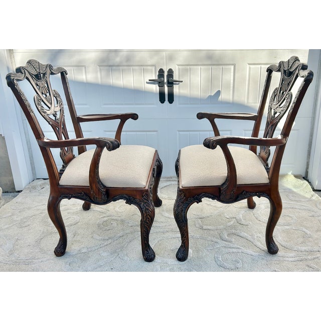 Vintage (1980's) Pair of Arm Chairs has a Chippendale Style. Made by Henredon Furniture. Wood Frames. Solid Mahogany....