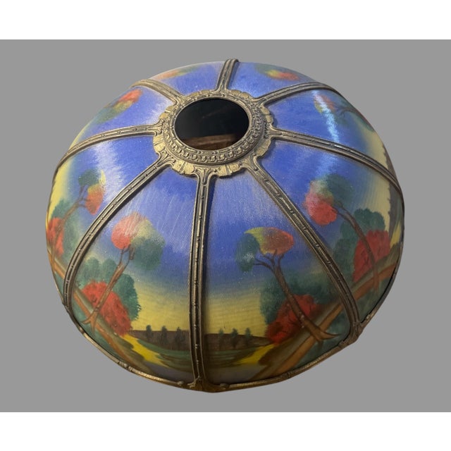 Glass Antique Reverse Painted Glass 8 Panel Table Lamp Landscape Shade For Sale - Image 7 of 11
