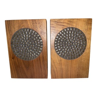 Vintage Mid-Century Modern Brutalist Black Walnut & Ceramic Bookends by Martz - a Pair For Sale