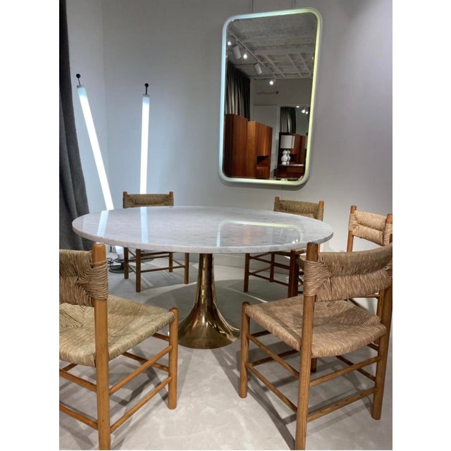 Round Table in White Grey Veined Marble with Brass Base, 1970s For Sale - Image 4 of 9