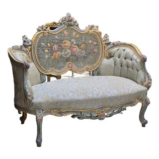 French Rococo-Style Settee – Pastel Blue & Floral Upholstery With Ornate Gold Leaf Frame For Sale