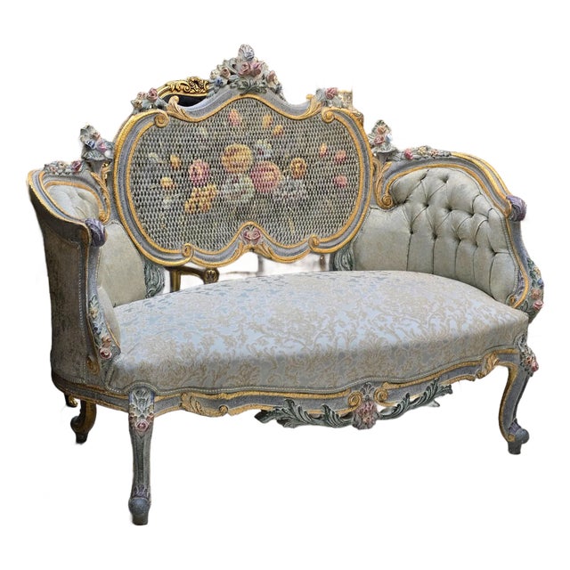 French Rococo-Style Settee – Pastel Blue & Floral Upholstery With Ornate Gold Leaf Frame For Sale