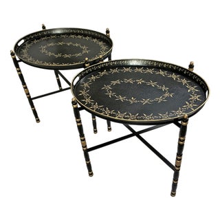 Late 20th Century Pair of Oval Tole Tray Tables With Folding Stands Chinoiserie Style Regency Black Gold Contemporary Décor For Sale