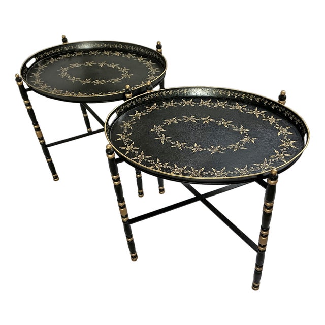 Late 20th Century Pair of Oval Tole Tray Tables With Folding Stands Chinoiserie Style Regency Black Gold Contemporary Décor For Sale