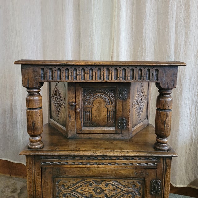 Brown 1920s Small English Gothic Revival Oak Court Cupboard For Sale - Image 8 of 9