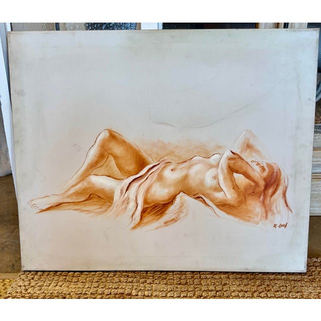 Vintage canvas 1970s female nude body original acrylic painting. Signed Lash on lower right side.