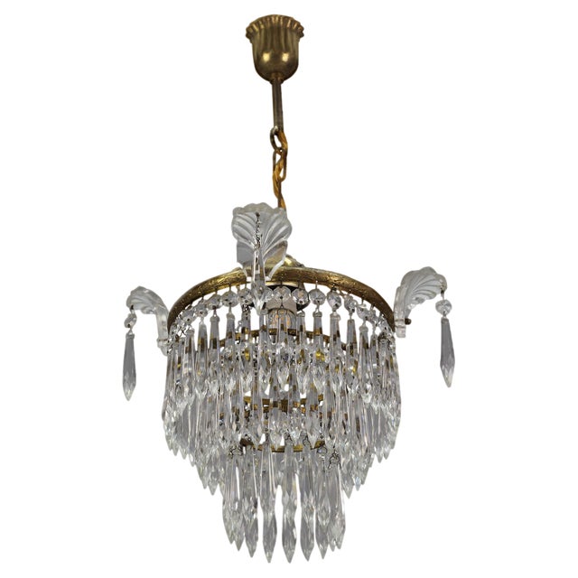 French Empire Crystal Glass and Brass Chandelier, 1930s For Sale