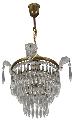 French Empire Crystal Glass and Brass Chandelier, 1930s