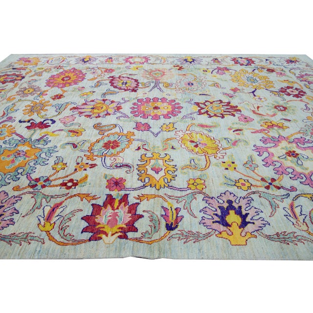 Modern Oushak Handmade Multicolor Floral Pattern Oversize Blue Wool Rug For Sale In New York - Image 6 of 10