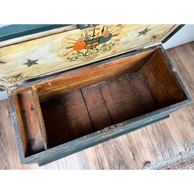 Green Antique Paint Decorated English Sea Chest C. Late 19th Century For Sale - Image 8 of 11