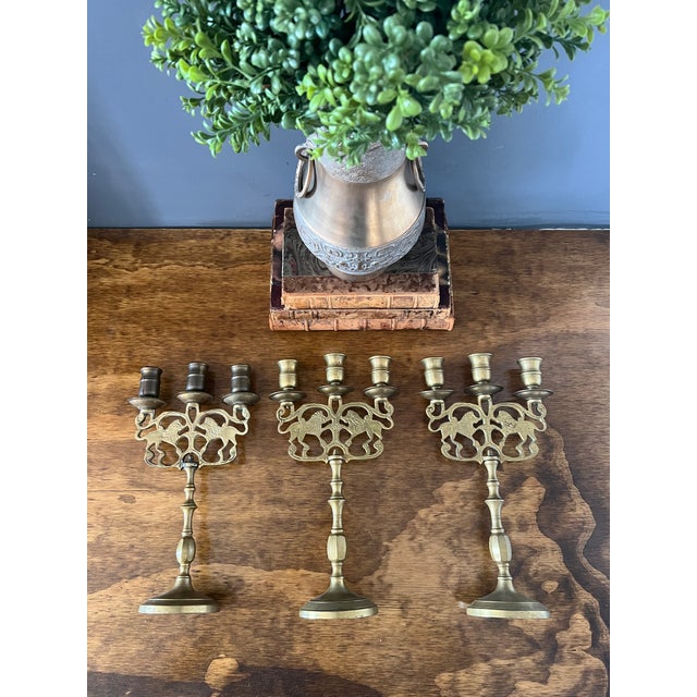 Metal Vintage Brass 3 Arms Shabbat Candelabra For Sale - Image 7 of 12