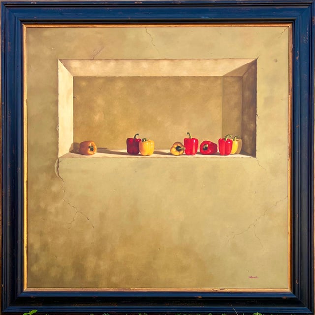 Late 20th Century Rene Chavelle, Large Trompe L'oeil Oil Painting Rene Chavelle Belgian Photo Realist Peppers, c.1980's For Sale - Image 5 of 15