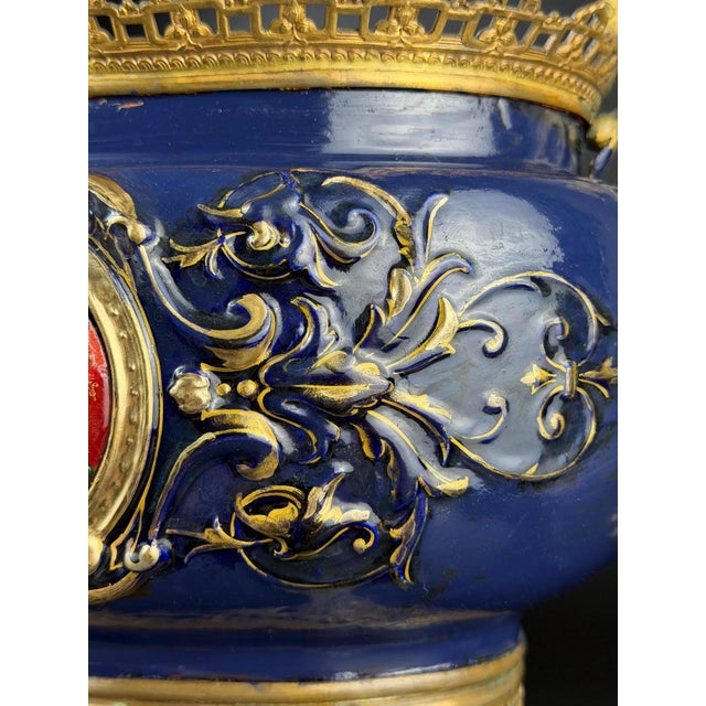 Blue Large Bronze-Mounted Jardiniere with Glass Portrait Medallion by Édouard Gilles For Sale - Image 8 of 17