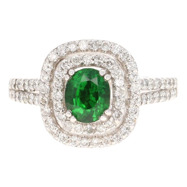 1.70 Carat Tsavorite Diamond 14 Karat White Gold Halo Engagement Ring, Size 7 For Sale