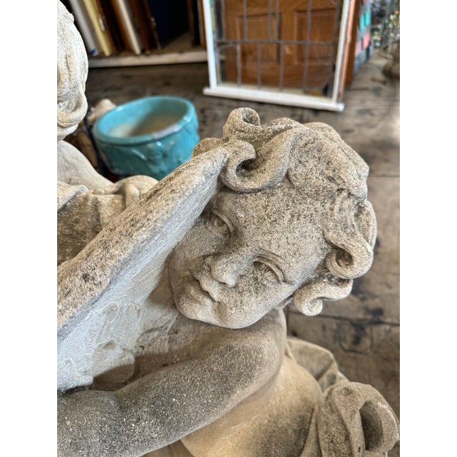 Antique Cherubs With Goose Statue Old Carved Stone For Sale - Image 4 of 12