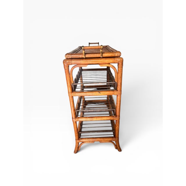 Yellow 1990s Maitland-Smith Rattan & Bamboo Bar Cart / Wine Rack With Removable Tray For Sale - Image 8 of 14