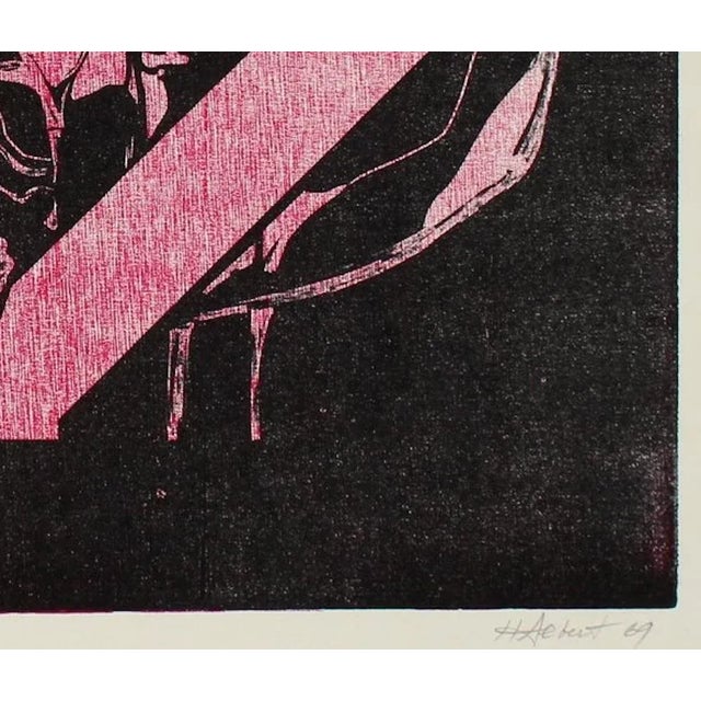 Figurative Figurative Woodcut in Pink & Black 1969 For Sale - Image 3 of 4