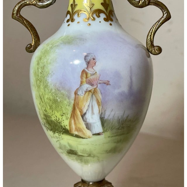French Antique Ornate Hand Painted Porcelain Gilt Bronze Miniature Sevres Vase Urn For Sale - Image 3 of 12