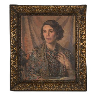 A.J., Portrait of a Woman in a Patterned Gown, 1920s, Oil Painting For Sale