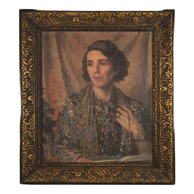 A.J., Portrait of a Woman in a Patterned Gown, 1920s, Oil Painting For Sale