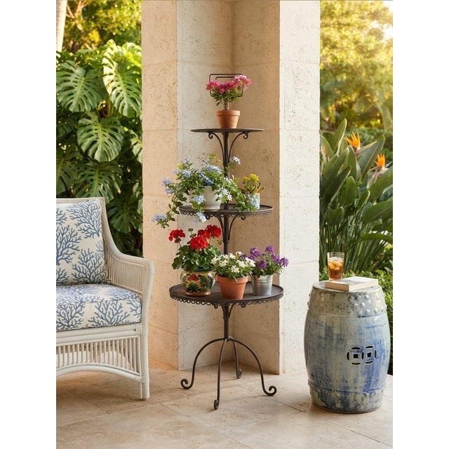 Metal Vintage 3-Tier Dark Bronze Metal Plant Stand & Tiered Display Tower For Sale - Image 7 of 12