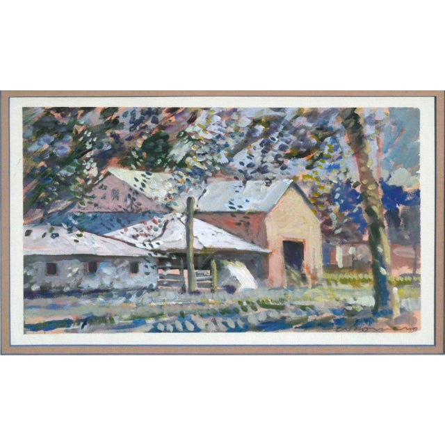 Wonderful landscape of Bay Area rural hills of Woodside, California barn by artist C. Romero (American, 20th Century),...