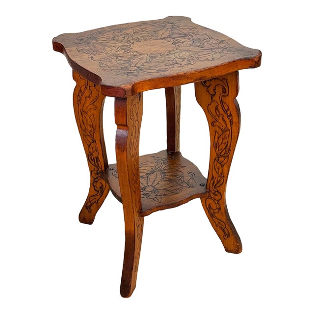 Antique Art Nouveau Flemish Pyrography Floral Plant Stand Table For Sale