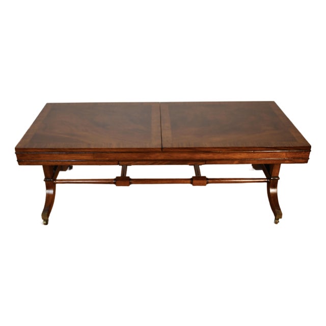 1930 English Regency Mahogany Banded Satinwood Coffee Table With Extending Leaf For Sale